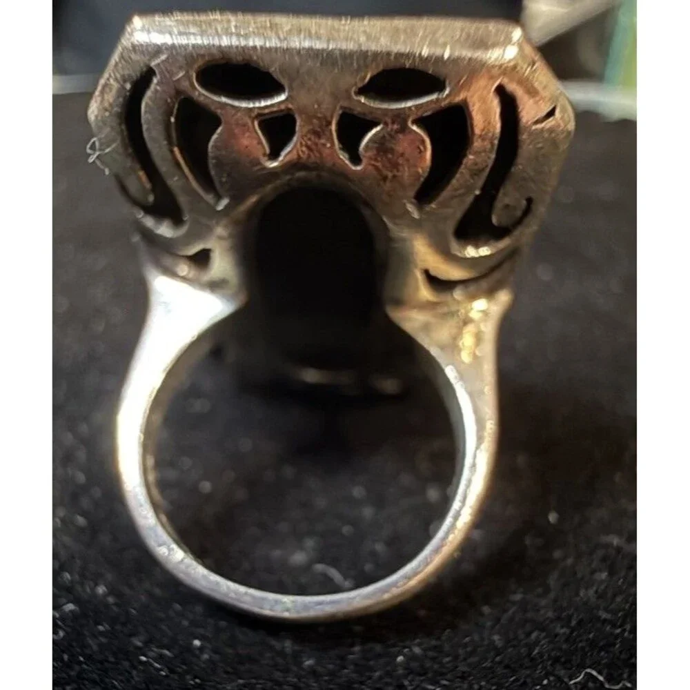 Vintage Large Oversized Emerald Cut Onyx Marcasite Statement Ring 925 Size 6